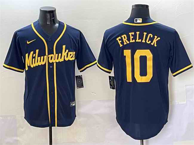 Men's Milwaukee Brewers #10 Sal Frelick Navy Cool Base Stitched Jersey