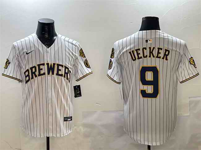 Men's Milwaukee Brewers #9 Bob Uecker White With Home Patch Limited Stitched Baseball Jersey