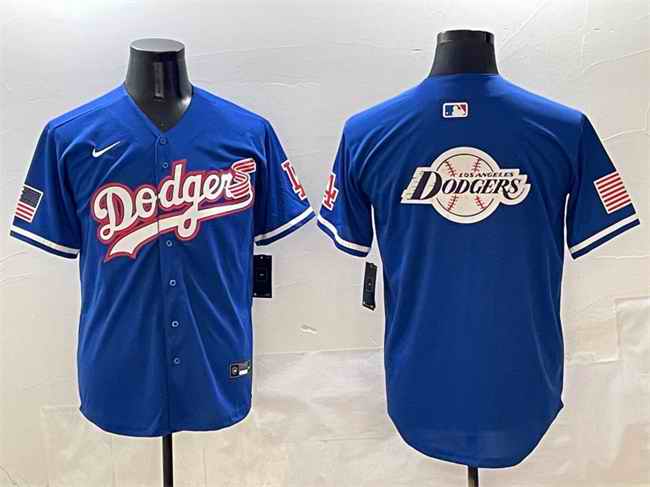 Men's Los Angeles Dodgers Team Big Logo Royal With American Flag Patch Limited Stitched Baseball Jersey