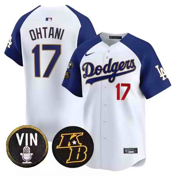 Men's Los Angeles Dodgers #17 Shohei Ohtani White Vin & Kobe Patch Limited Stitched Baseball Jersey