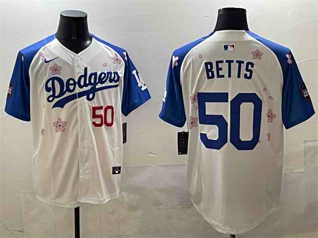 Men's Los Angeles Dodgers #50 Mookie Betts White/Royal 2025 Tokyo Series Limited Stitched Baseball Jersey