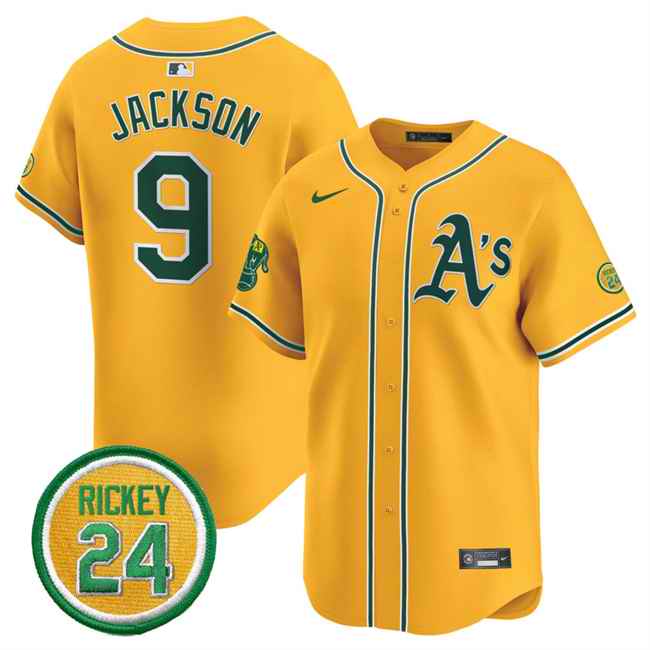 Men's Oakland Athletics #9 Reggie Jackson Yellow 2024 Limited With Rickey Henderson Patch Stitched Jersey