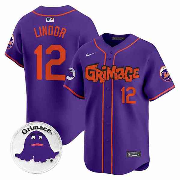 Men's New York Mets #12 Francisco Lindor Purple Grimace V2 Vapor Limited Stitched Baseball Jersey