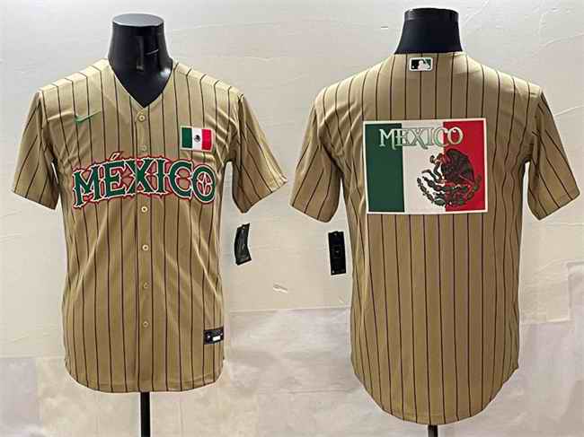 Men's Mexico Baseball Tan 2023 World Baseball Classic Team Big Logo Stitched Jersey