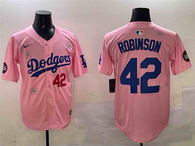 Men's Los Angeles Dodgers #42 Jackie Robinson Pink 2025 Tokyo Series Limited Stitched Baseball Jersey