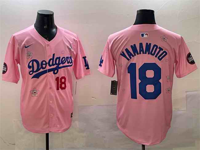 Men's Los Angeles Dodgers #18 Yoshinobu Yamamoto Pink 2025 Tokyo Series Limited Stitched Baseball Jersey