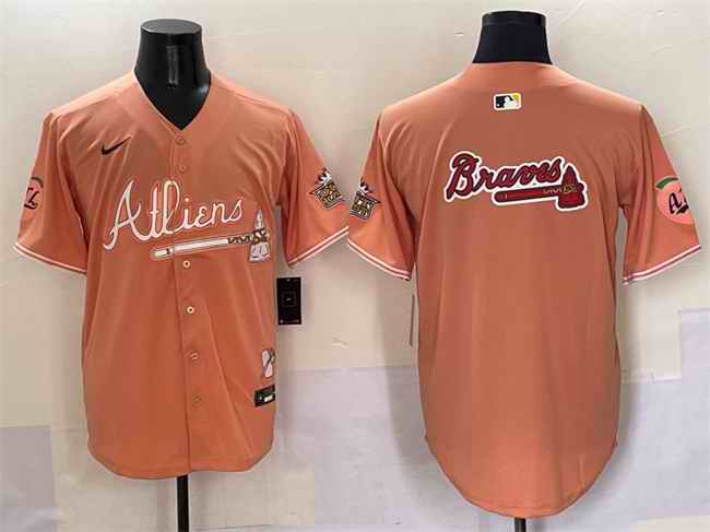 Men's Atlanta Braves Team Big Logo Peach 2024 Atliens & Peach With Outkast Patch Vapor Limited Stitched Baseball Jersey