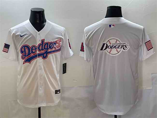 Men's Los Angeles Dodgers Team Big Logo White With American Flag Patch Limited Stitched Baseball Jersey