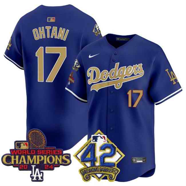 Men's Los Angeles Dodgers #17 Shohei Ohtani Royal/Gold 2024 World Series Champions & #42 Jackie Robinson Patch Vapor Limited Stitched Baseball Jersey