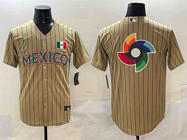 Men's Mexico Baseball Tan 2023 World Baseball Classic Team Big Logo Stitched Jersey