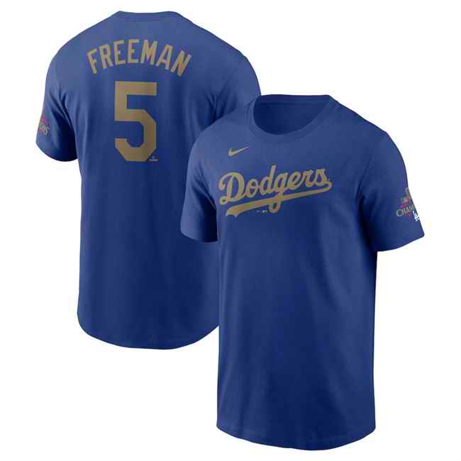 Men's Los Angeles Dodgers #5 Freddie Freeman Royal 2025 Gold Collection Name & Number T-Shirt