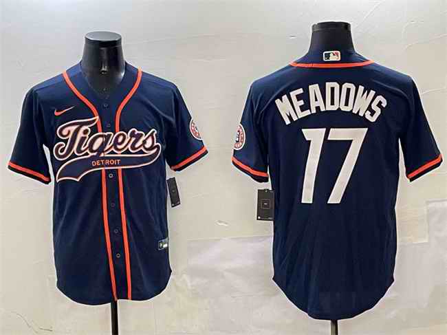 Men's Detroit Tigers #17 Parker Meadows Navy With Patch Cool Base Stitched Baseball Jersey
