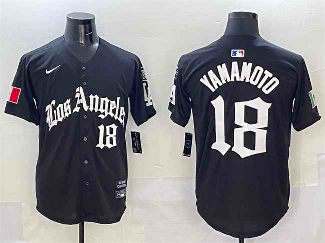 Men's Los Angeles Dodgers #18 Yoshinobu Yamamoto Black Mexico 2025 LA Gothic Style With Fernando Patch Vapor Premier Limited Stitched Baseball Jersey