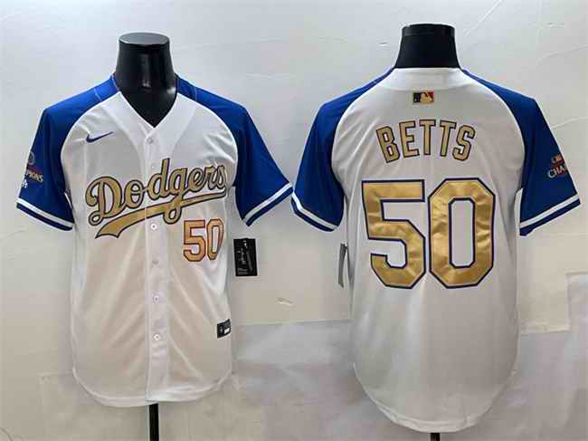 Men's Los Angeles Dodgers #50 Mookie Betts White/Royal/Gold 2024 World Series Champions Vapor Limited Stitched Baseball Jersey