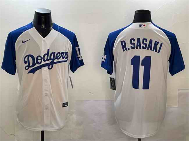 Men's Los Angeles Dodgers #11 Roki Sasaki White/Blue Cool Base Stitched Baseball Jersey