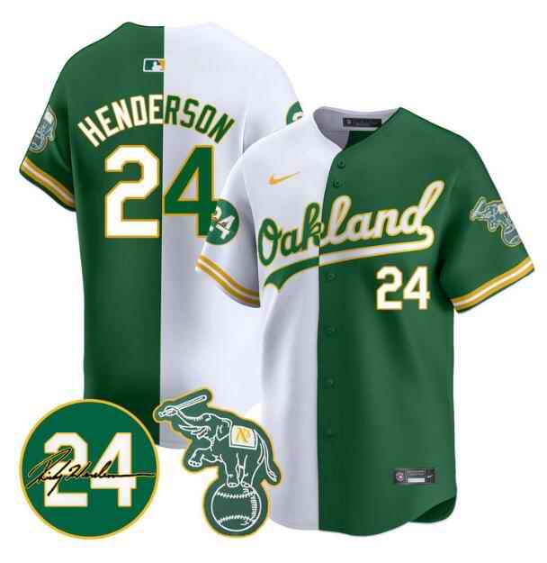 Men's Oakland Athletics #24 Rickey Henderson White/Green Split 2024 Limited With Patch Stitched Jersey