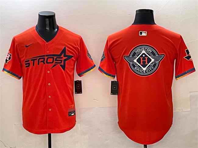 Men's Houston Astros Team Big Logo Orange 2025 City Connect With Texas Patch Limited Stitched Baseball Jersey 001