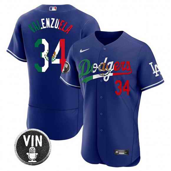 Men's Los Angeles Dodgers #34 Fernando Valenzuela Royal Mexico Special Vin Scully Patch Flex Base Stitched Baseball Jersey