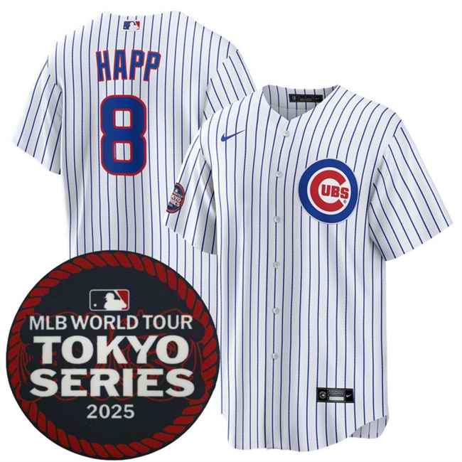 Men's Chicago Cubs #8 Ian Happ White 2025 World Tour: Tokyo Series Home Stitched Baseball Jersey
