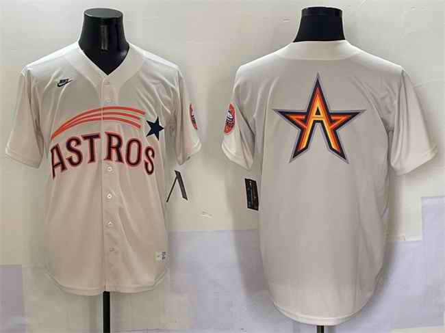 Men's Houston Astros Team Big Logo Cream Throwback Cooperstown Collection Limited Stitched Baseball Jersey 005