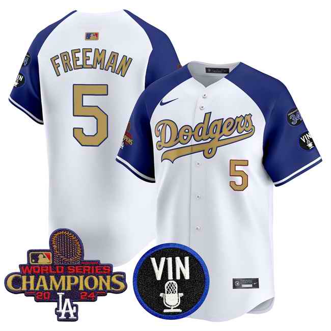 Men's Los Angeles Dodgers #5 Freddie Freeman White/Royal/Gold 2024 World Series Champions With Vin Scully & #34 Fernando Patch Vapor Limited Stitched Baseball Jersey
