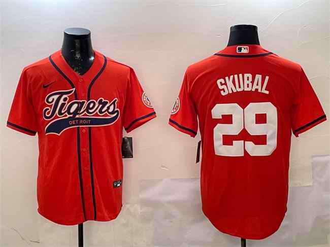 Men's Detroit Tigers #29 Tarik Skubal Orange With Patch Cool Base Stitched Baseball Jersey