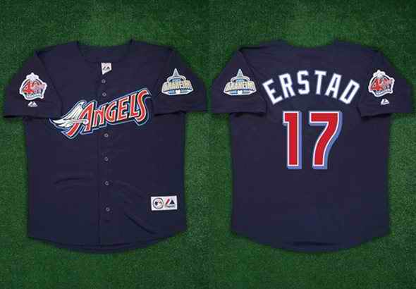Men's Los Angeles Angels #17 Darin Erstad Navy 2000 With 40th Patch Stitched Baseball Jersey