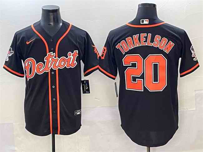 Men's Detroit Tigers #20 Spencer Torkelson Black With Patch Cool Base Stitched Baseball Jersey
