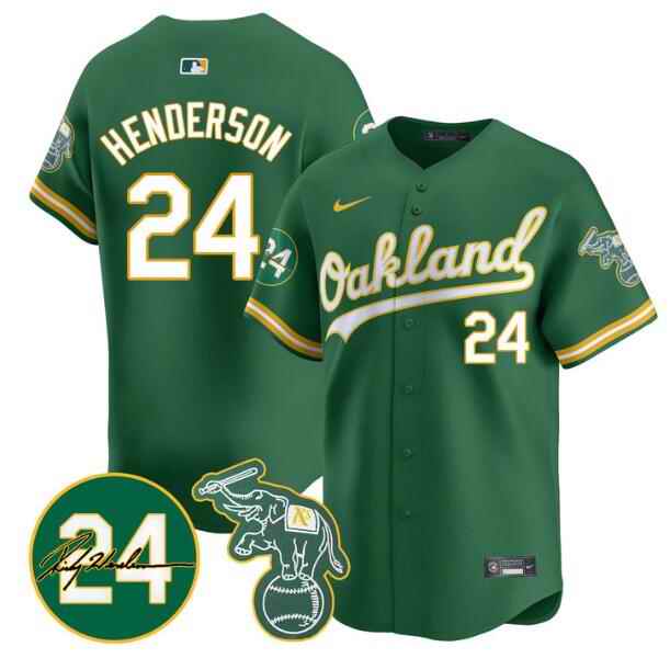 Men's Oakland Athletics #24 Rickey Henderson Green 2024 Limited With Patch Stitched Jersey