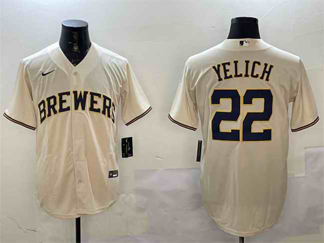 Men's Milwaukee Brewers #22 Christian Yelich Cream Cool Base Stitched Jersey