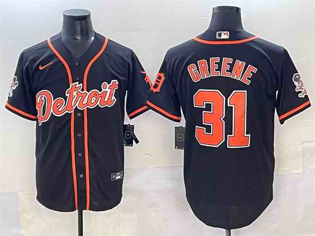 Men's Detroit Tigers #31 Riley Greene Black With Patch Cool Base Stitched Baseball Jersey