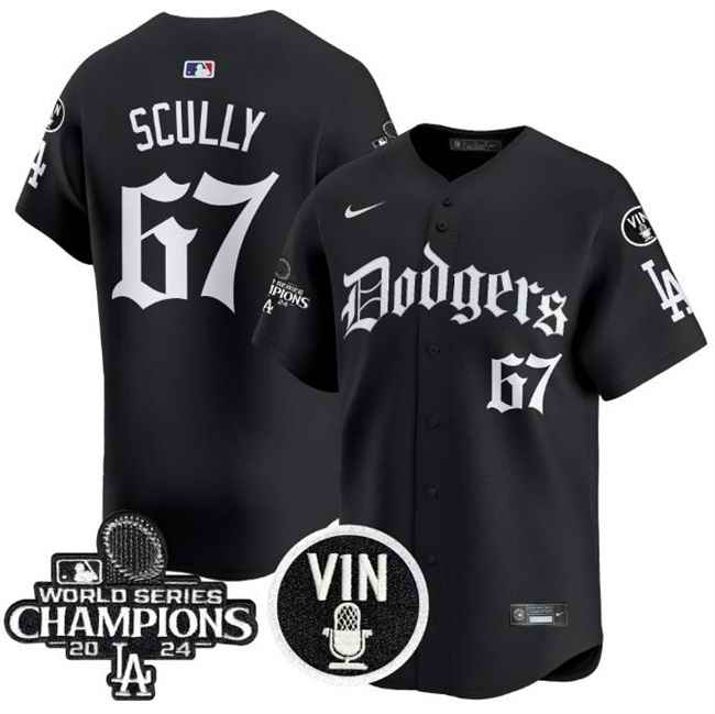 Men's Los Angeles Dodgers #67 Vin Scully Black Mexico 2025 LA Gothic Style  With Vin And 2024 World Series Champions Patch Vapor Premier Limited Stitched Baseball Jersey