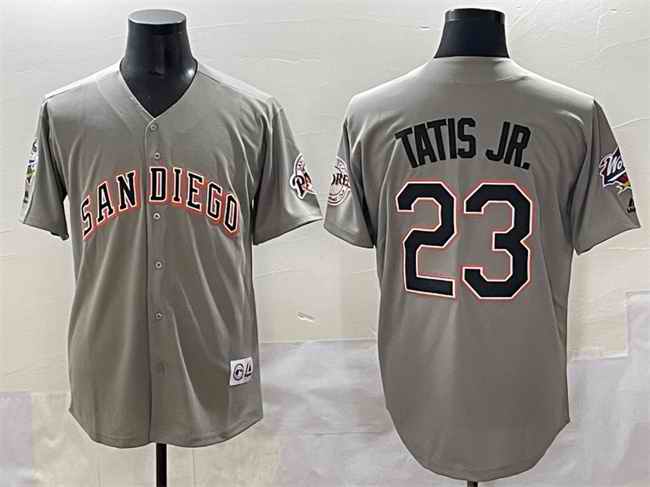 Men's San Diego Padres #23 Fernando Tatis Jr. Grey Fashion Throwback With Patch Cool Base Stitched Jersey