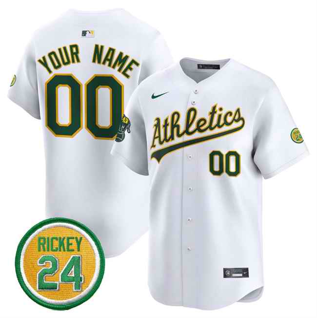 Men's Oakland Athletics Active Player Custom White 2024 Home Limited With Rickey Henderson Patch Stitched Jersey