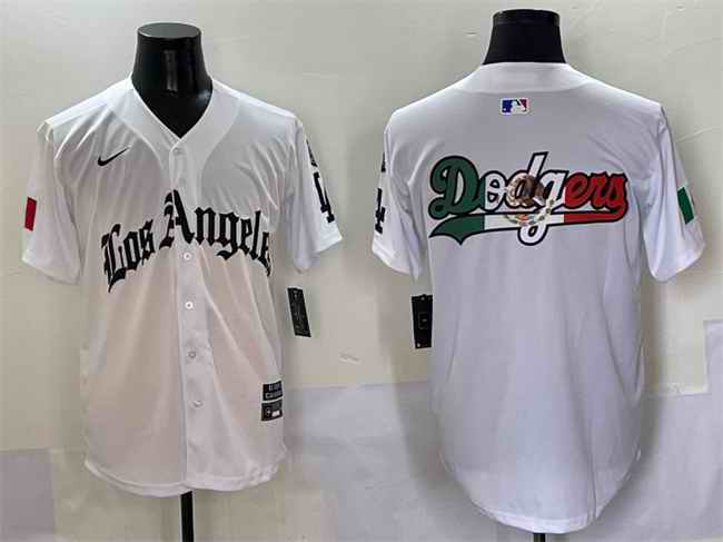 Men's Los Angeles Dodgers Team Big Logo White Mexico 2025 LA Gothic Style With Fernando Patch Vapor Premier Limited Stitched Baseball Jersey 004