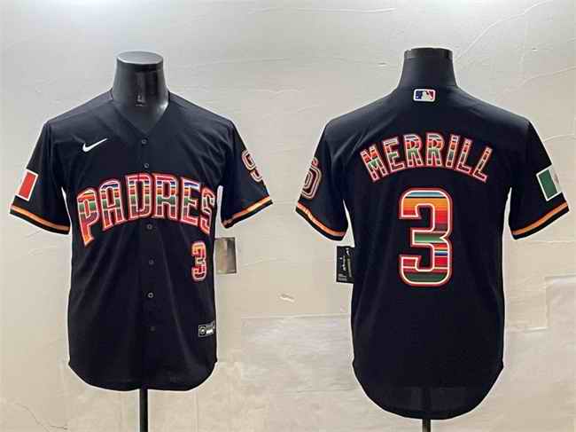 Men's San Diego Padres #3 Jackson Merrill Black Mexico Cool Base Stitched Baseball Jersey