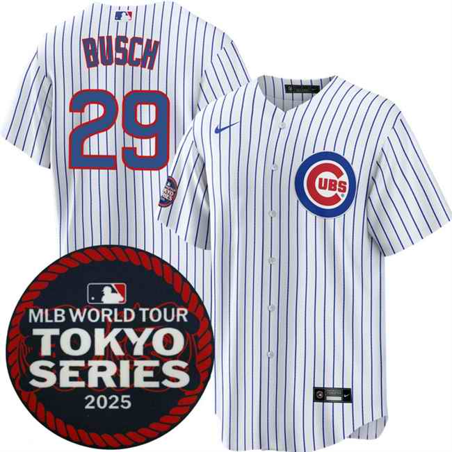 Men's Chicago Cubs #29 Michael Busch White 2025 World Tour: Tokyo Series Home Stitched Baseball Jersey