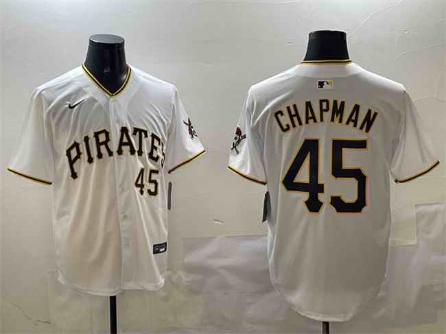 Men's Pittsburgh Pirates #45 Aroldis Chapman White Home Limited Stitched Baseball Jersey