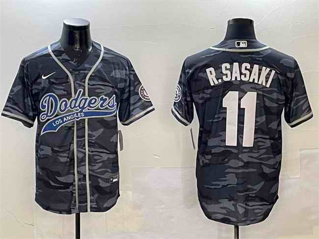 Men's Los Angeles Dodgers #11 Roki Sasaki Grey Camo With Patch Cool Base Stitched Baseball Jersey
