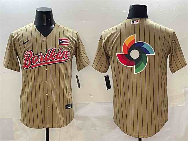 Men's Puerto Rico Baseball Tan 2023 World Baseball Classic Team Big Logo Stitched Jersey