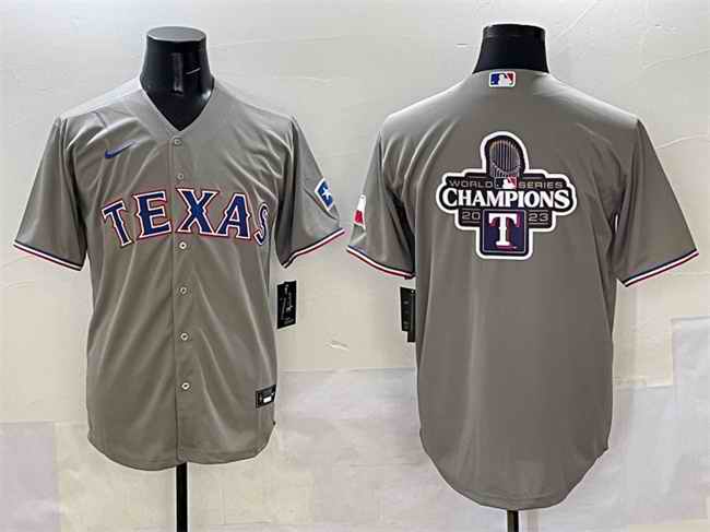 Men's Texas Rangers Grey 2023 World Series Champions Big Logo With Patch Cool Base Stitched Baseball Jersey