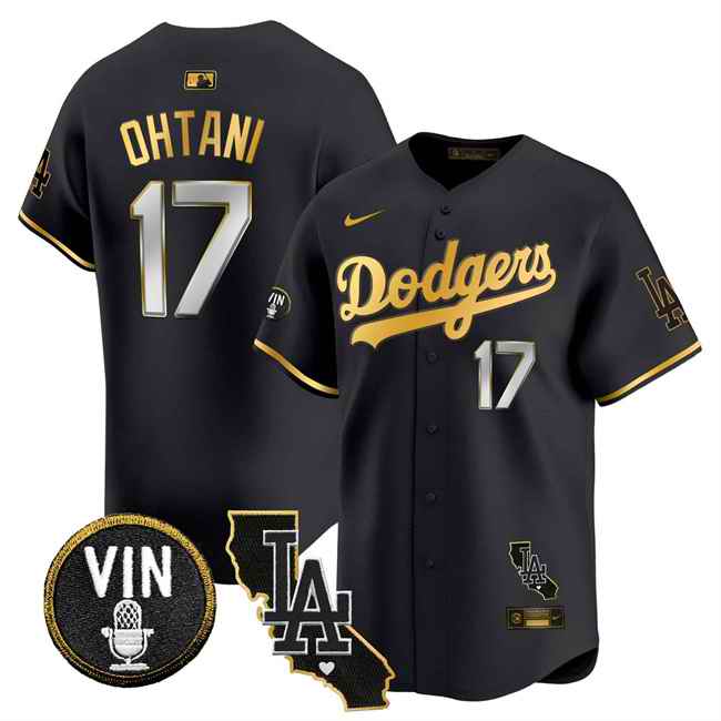 Men's Los Angeles Dodgers #17 Shohei Ohtani Black/Gold Vin & California Patch Vapor Limited Stitched Baseball Jersey