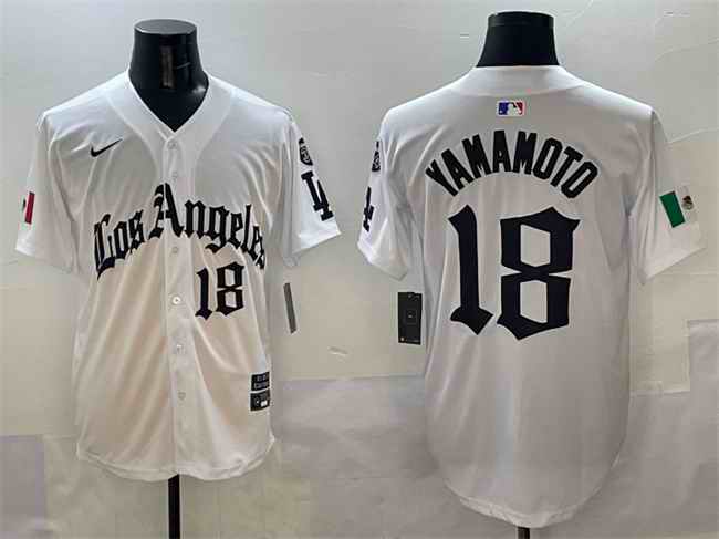Men's Los Angeles Dodgers #18 Yoshinobu Yamamoto White Mexico 2025 LA Gothic Style With Fernando Patch Vapor Premier Limited Stitched Baseball Jersey