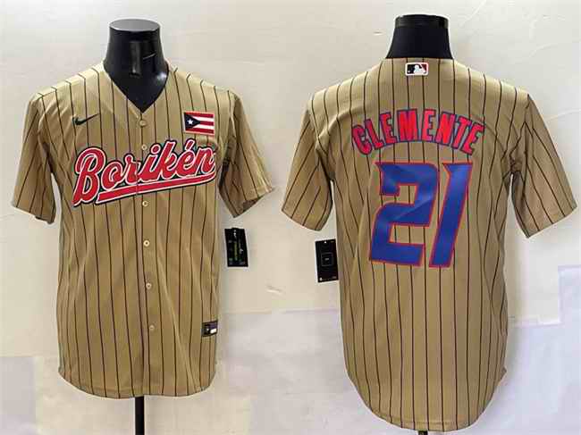 Men's Puerto Rico Baseball #21 Roberto Clemente Tan 2023 World Baseball Classic Stitched Jersey