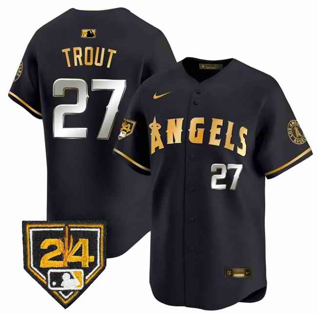 Men's Los Angeles Angels #27 Mike Trout Black Gold 2024 Spring Training Patch Vapor Limited Stitched Baseball Jersey