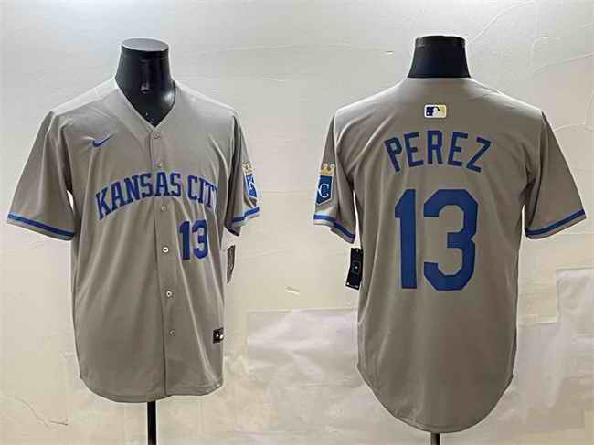 Men's Kansas City Royals #13 Salvador Perez Grey 2024 Away Limited Stitched Baseball Jersey