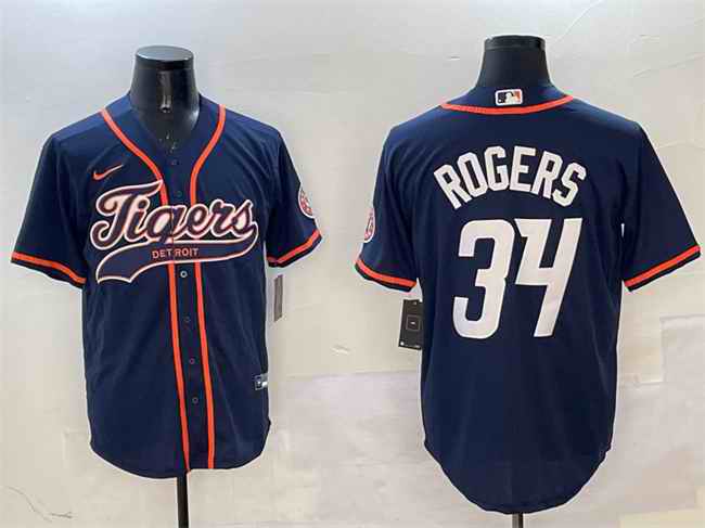 Men's Detroit Tigers #34 Jake Rogers Navy With Patch Cool Base Stitched Baseball Jersey
