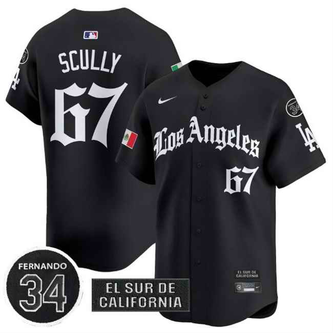 Men's Los Angeles Dodgers #67 Vin Scully Black Mexico 2025 LA Gothic Style With Fernando Patch Vapor Premier Limited Stitched Baseball Jersey
