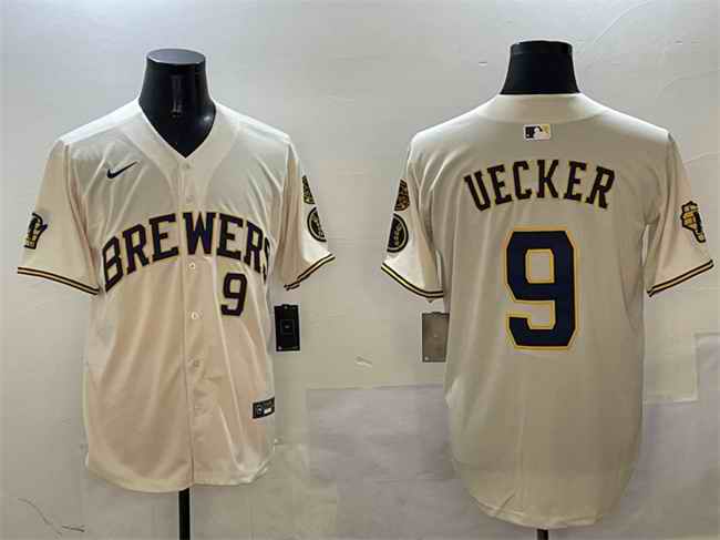 Men's Milwaukee Brewers #9 Bob Uecker Cream With Home Patch Limited Stitched Baseball Jersey