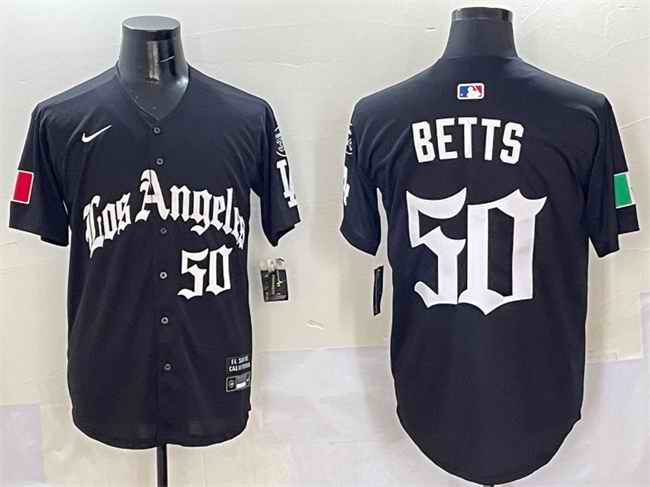 Men's Los Angeles Dodgers #50 Mookie Betts Black Mexico 2025 LA Gothic Style With Fernando Patch Vapor Premier Limited Stitched Baseball Jersey